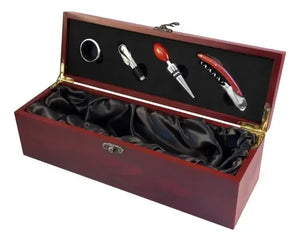 Caja Set Vino Madera Barnizada 4 Accesorios + Grabado Gratis