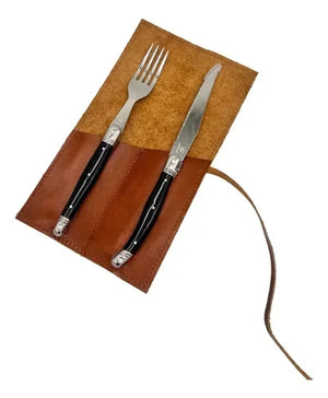 Set De Cubiertos Parasados Con Funda De Cuero + Grabado Café