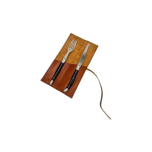 Set De Cubiertos Parasados Con Funda De Cuero + Grabado Café