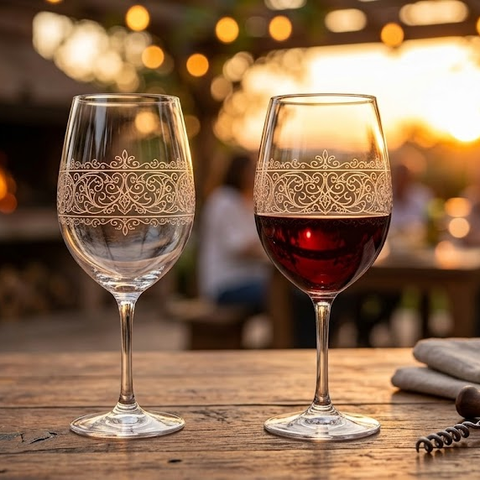 Set de copas de vino con grabado laser sobre una mesa de quincho