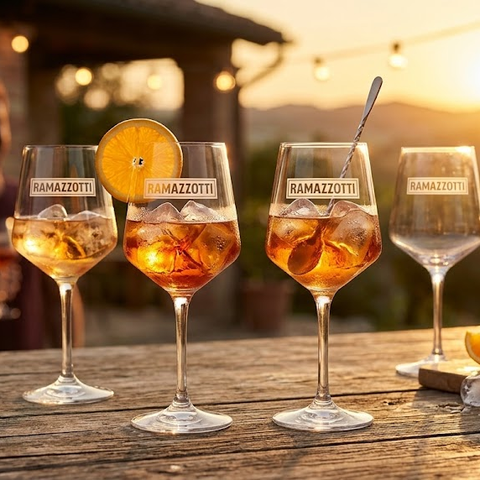 Pack de copas Ramazzotti grabadas con amaro y hielo en el quincho