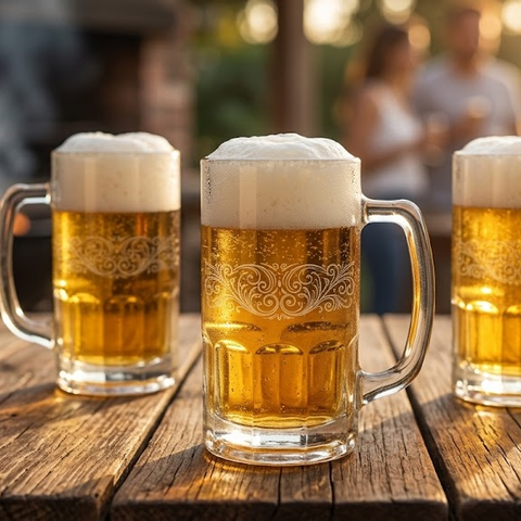 Vasos shoperos personalizados con cerveza en una mesa de quincho
