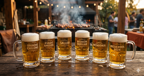 Vasos shoperos personalizados Chile 2026 con grabado laser gratis - Bavaria, Colo Colo, diseno libre - Casa y Quincho