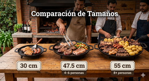 Disco de asado 30cm vs 47,5cm vs 55cm: guía de tamaños 2026