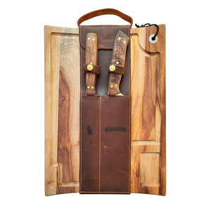 Set Parrillero Kangkawe Tabla + Cuchillo + Pincho con Funda de Cuero + Grabado