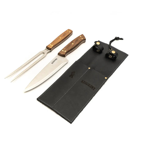 Set Parrillero Cuchillo + Tenedor Kangkawe Funda Cuero Negra + Grabado Láser