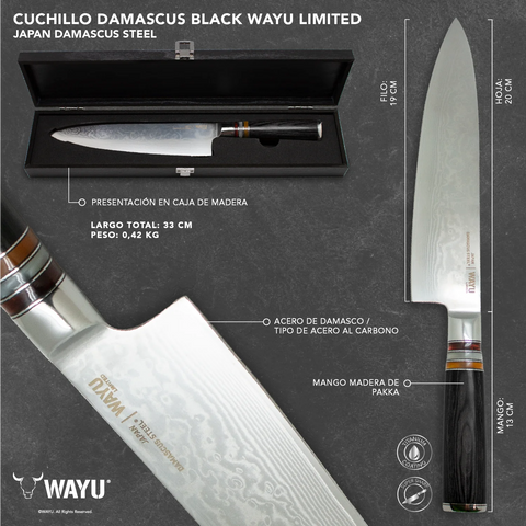 Cuchillo Acero Damasco Black Wayu + Grabado Láser
