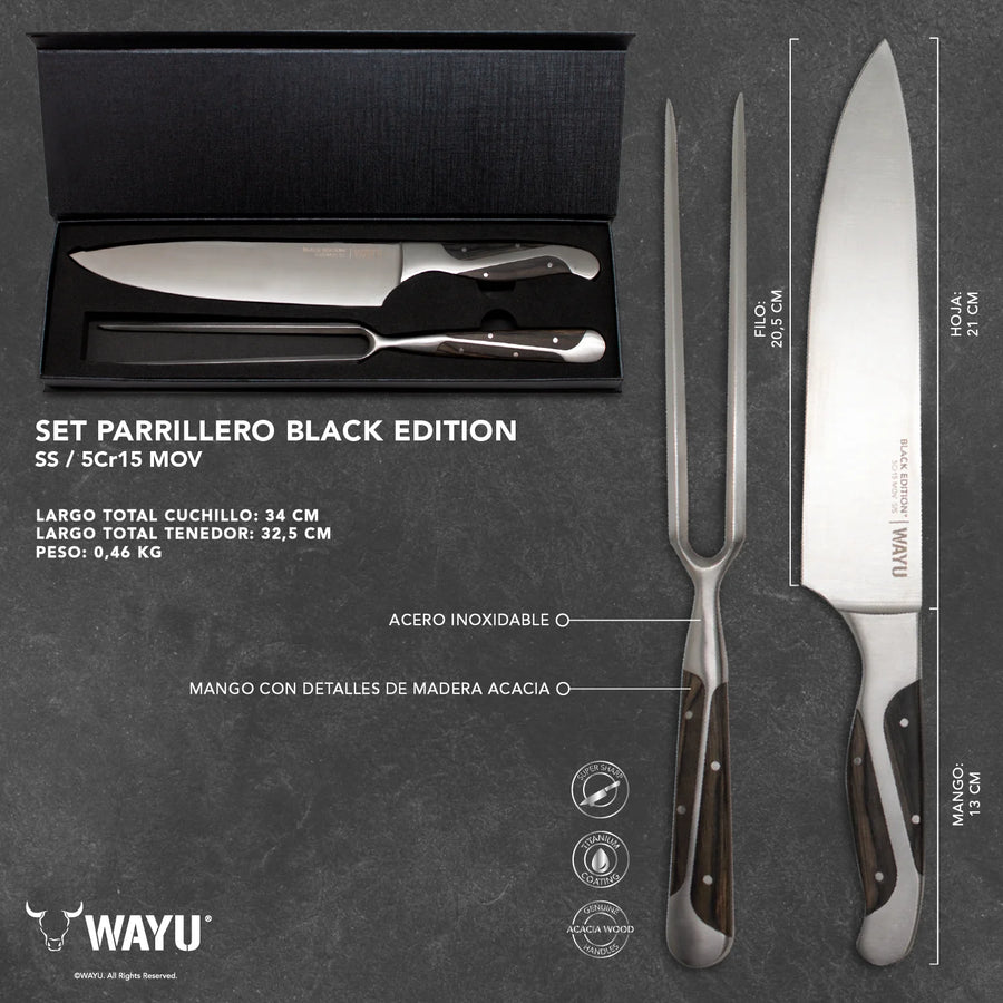 Set Parrillero Wayu Black Edition Cuchillo + Pincho + Grabado Láser