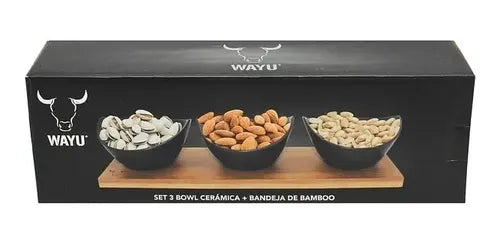 Set 3 Bowls Cerámica Wayu con Bandeja de Bambú Aperitivo