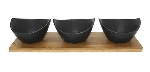Set 3 Bowls Cerámica Wayu con Bandeja de Bambú Aperitivo