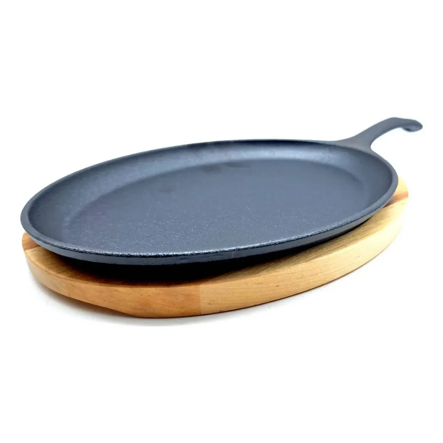 Sartén Ovalado Hierro Fundido Con Base Madera