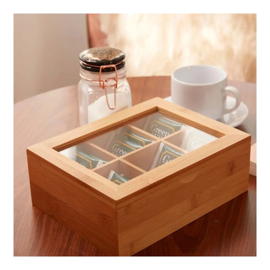 Caja para Té e Infusiones de Bambú 6 Compartimentos con Tapa de Vidrio