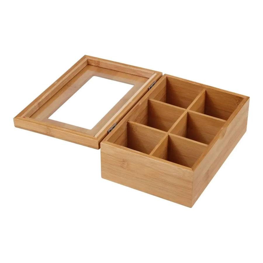 Caja para Té e Infusiones de Bambú 6 Compartimentos con Tapa de Vidrio