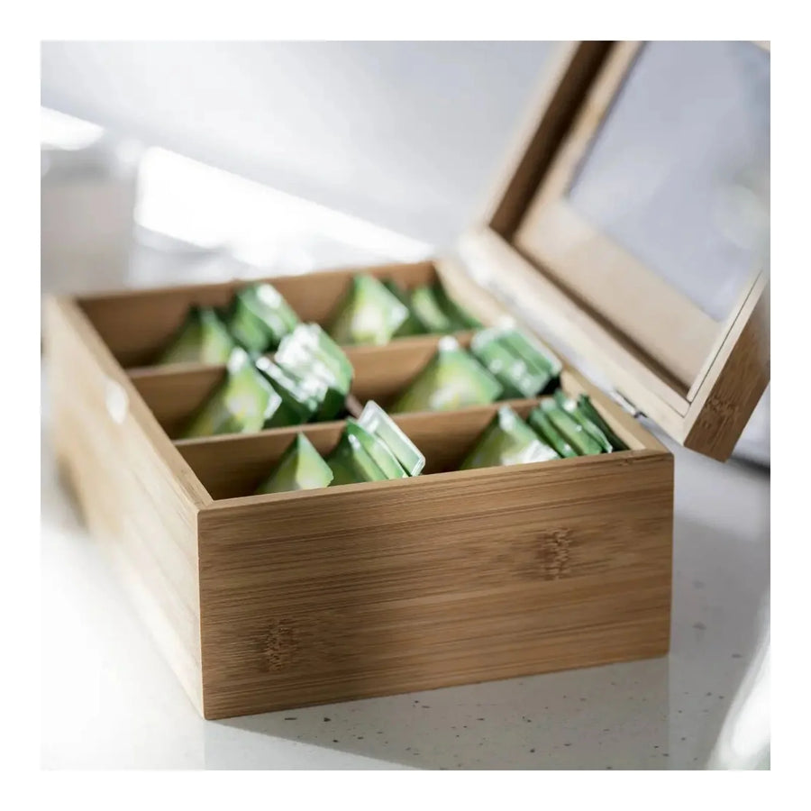 Caja para Té e Infusiones de Bambú 6 Compartimentos con Tapa de Vidrio