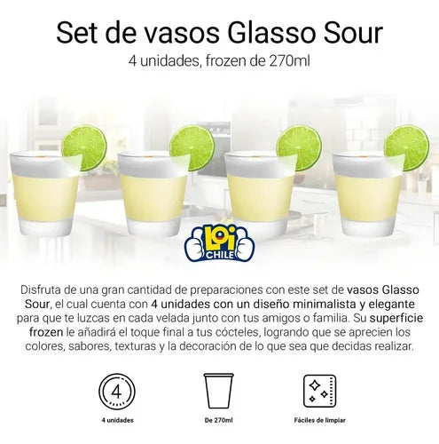 Set 4 Vasos Pisco Sour Vidrio 270ml Apto Lavavajillas Glasso
