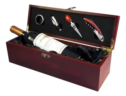 Caja Set Vino Madera Barnizada 4 Accesorios + Grabado Gratis