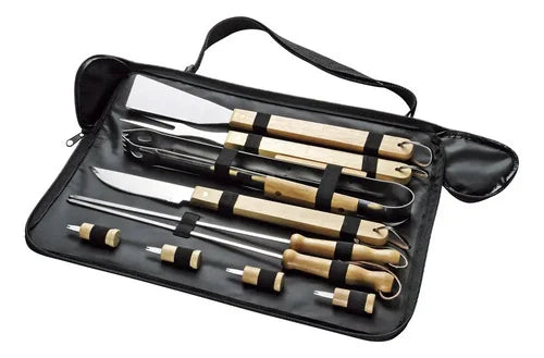 Set Parrillero 10 Pzs Bbq Asado Bolso Negro + Grabado Gratis