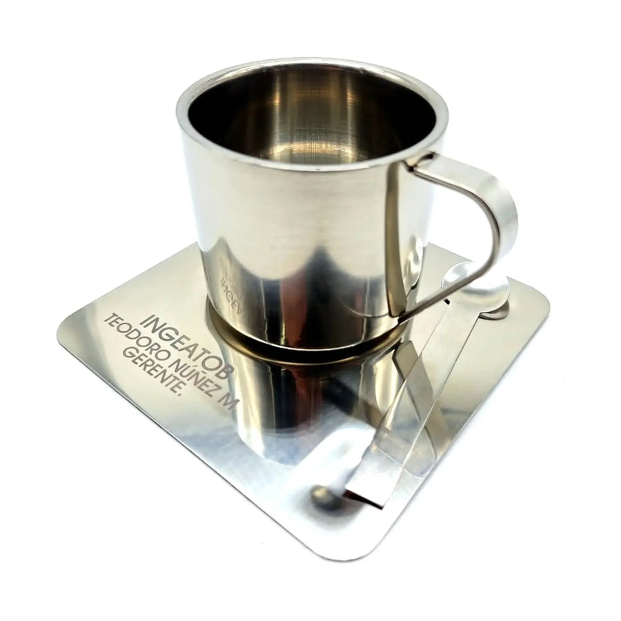 Taza de Café Espresso de Acero Inoxidable con Plato y Cuchara + Grabado