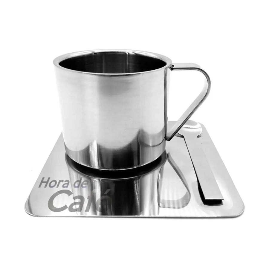 Taza de Café Espresso de Acero Inoxidable con Plato y Cuchara + Grabado