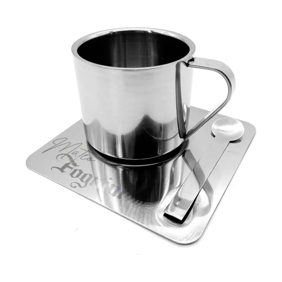 Taza de Café Espresso de Acero Inoxidable con Plato y Cuchara + Grabado