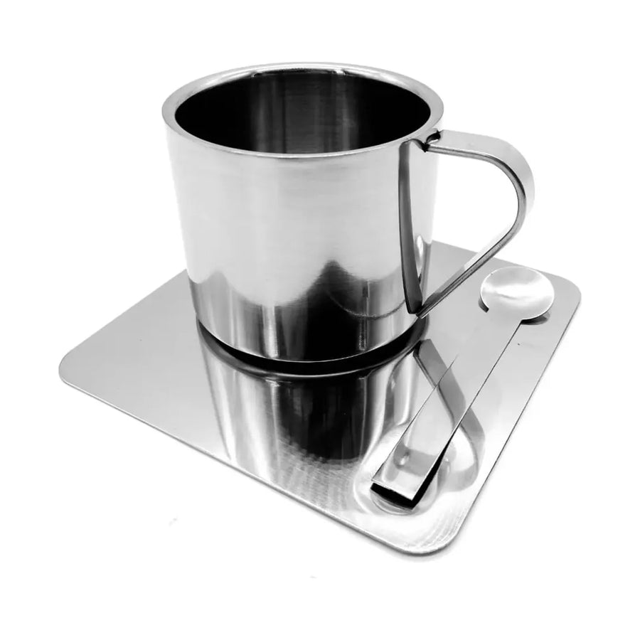 Taza de Café Espresso de Acero Inoxidable con Plato y Cuchara + Grabado