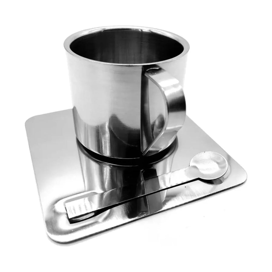 Taza de Café Espresso de Acero Inoxidable con Plato y Cuchara + Grabado
