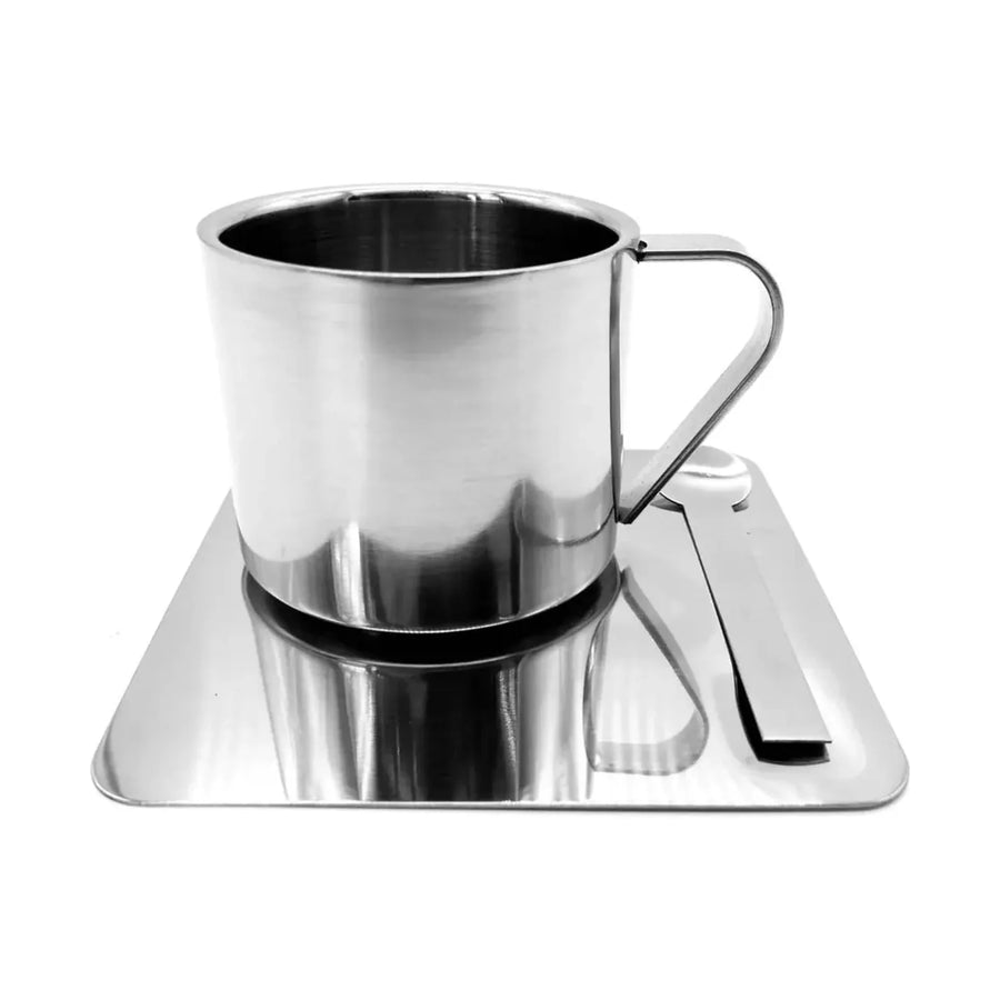 Taza de Café Espresso de Acero Inoxidable con Plato y Cuchara + Grabado