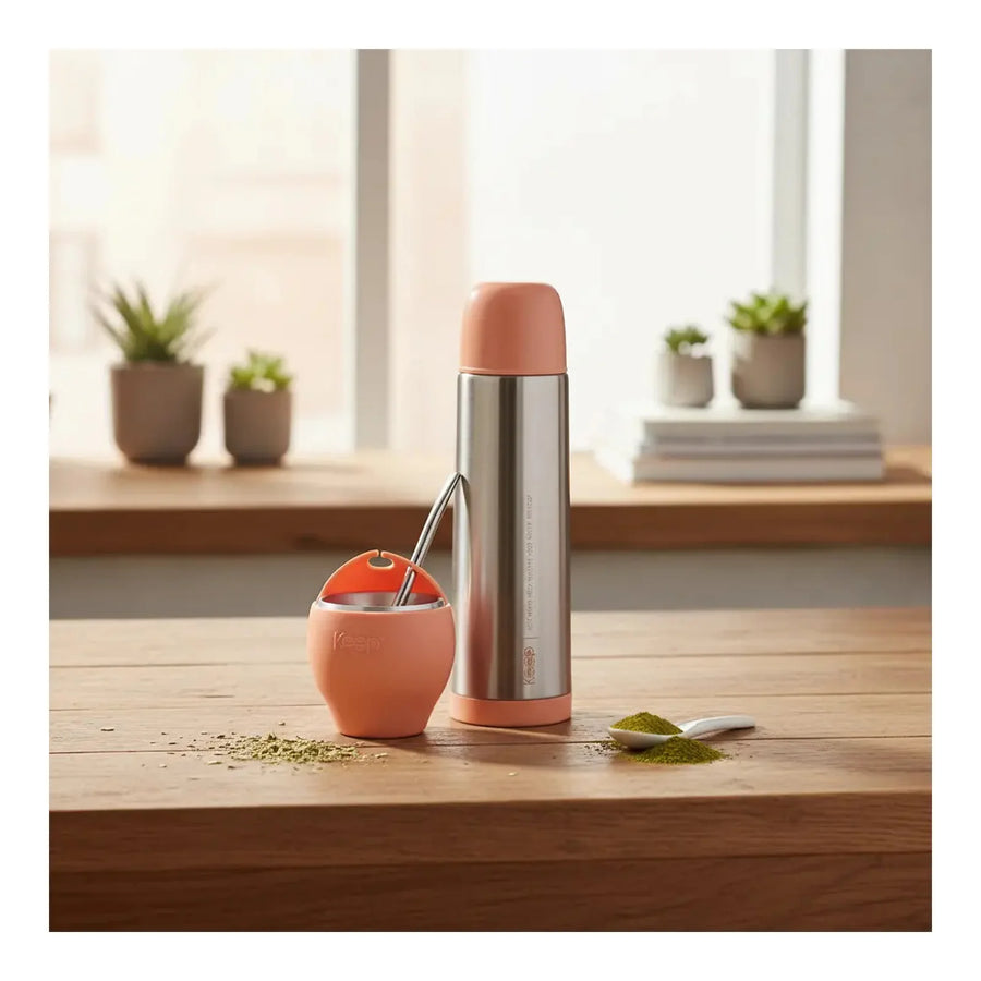 Set Mate Keep 230 ml con Bombilla + Termo Bala 500 ml Coral + Grabado