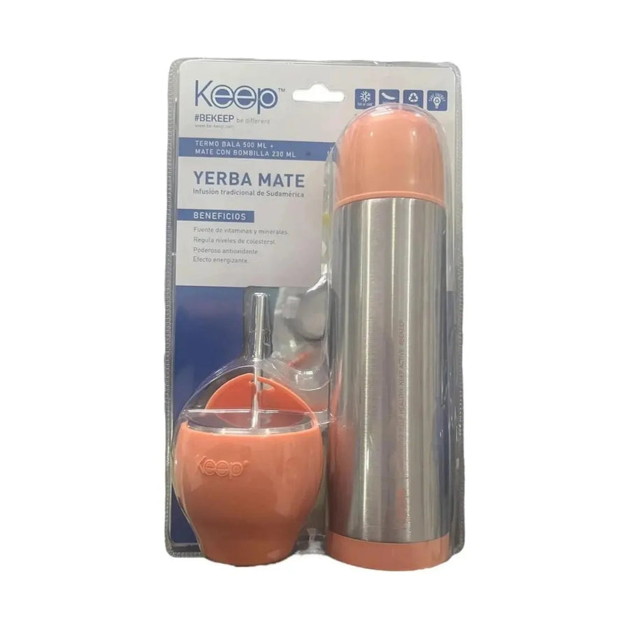 Set Mate Keep 230 ml con Bombilla + Termo Bala 500 ml Coral + Grabado