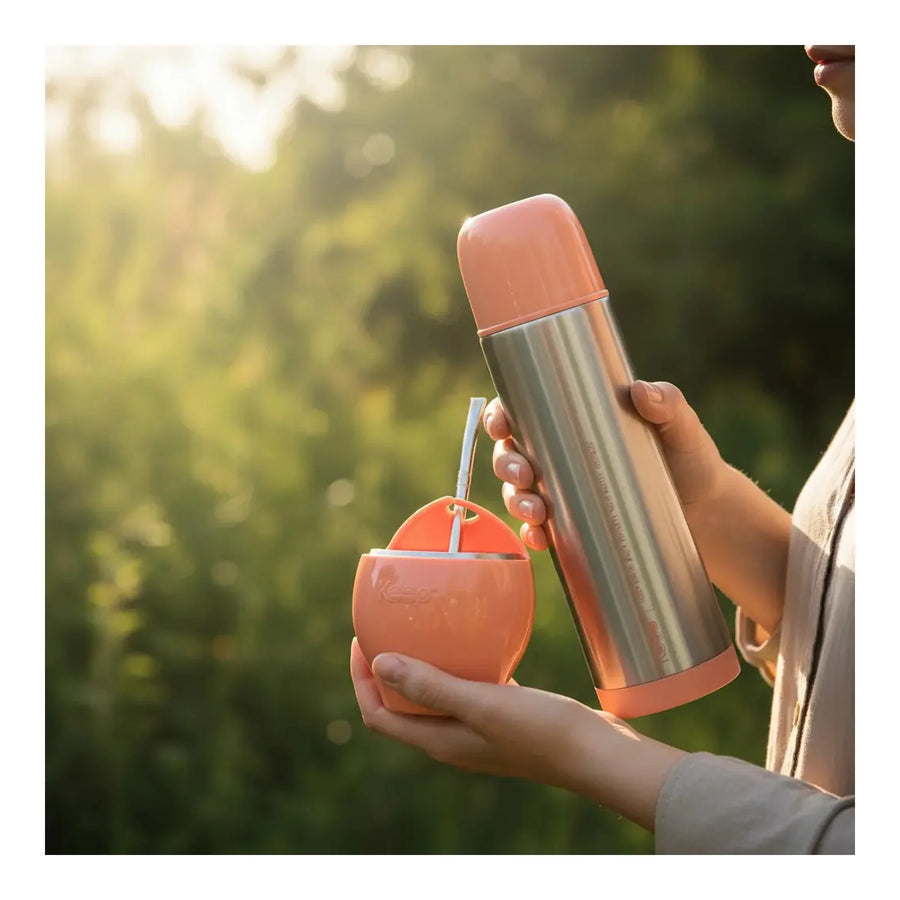 Set Mate Keep 230 ml con Bombilla + Termo Bala 500 ml Coral + Grabado