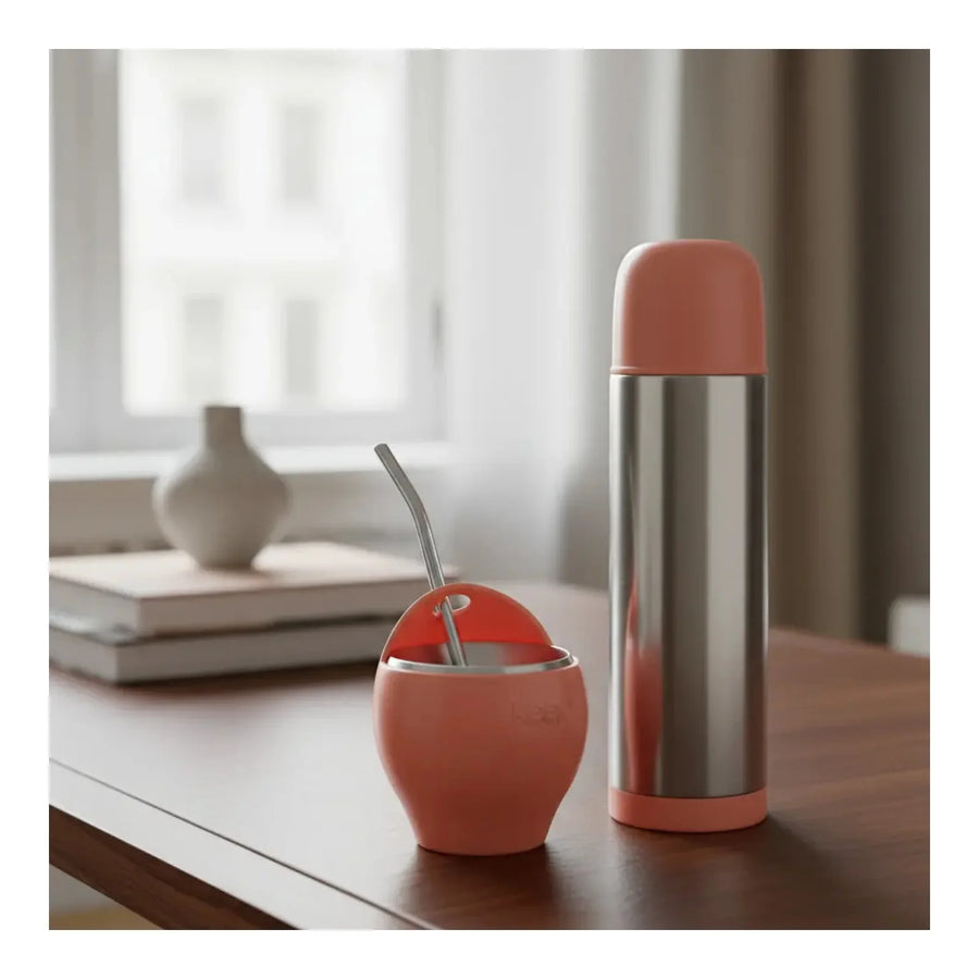 Set Mate Keep 230 ml con Bombilla + Termo Bala 500 ml Coral + Grabado