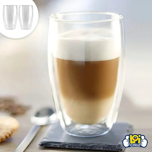 Set 2 Vasos Vidrio Doble Pared Transparente 473 Ml Para Café Glasso