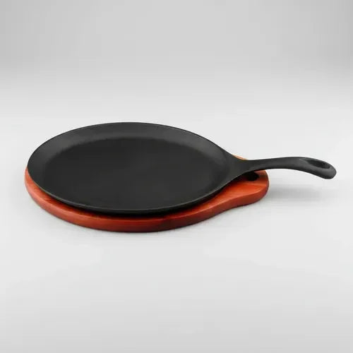 Plancha Sartén Ovalado 24 Cms Fierro + Base Madera Lugano Negro