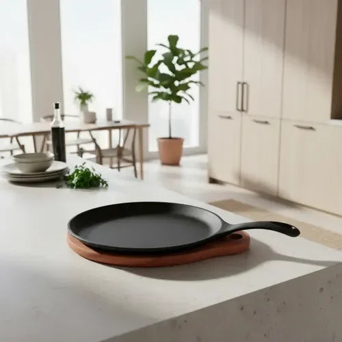 Plancha Sartén Ovalado 24 Cms Fierro + Base Madera Lugano Negro