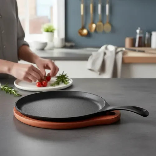 Plancha Sartén Ovalado 24 Cms Fierro + Base Madera Lugano Negro
