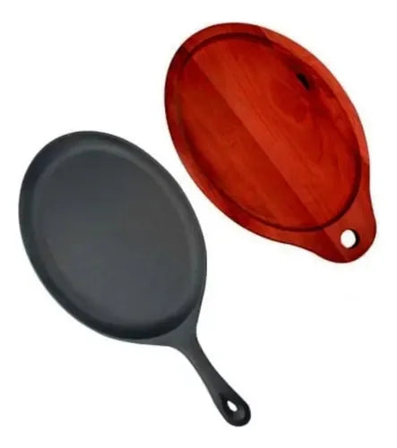 Plancha Sartén Ovalado 24 Cms Fierro + Base Madera Lugano Negro