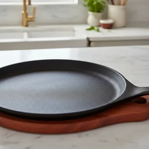 Plancha Sartén Ovalado 24 Cms Fierro + Base Madera Lugano Negro