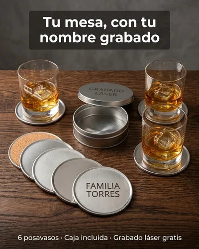 Set 6 Posavasos con Caja + Grabado Láser Gratis