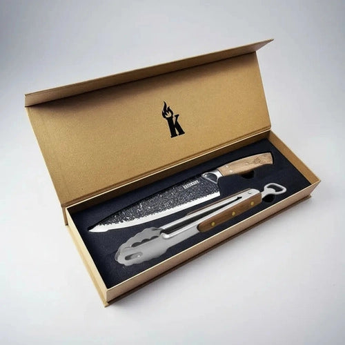Set Parrillero Kangkawe Grabado Cuchillo Martillado + Pinza