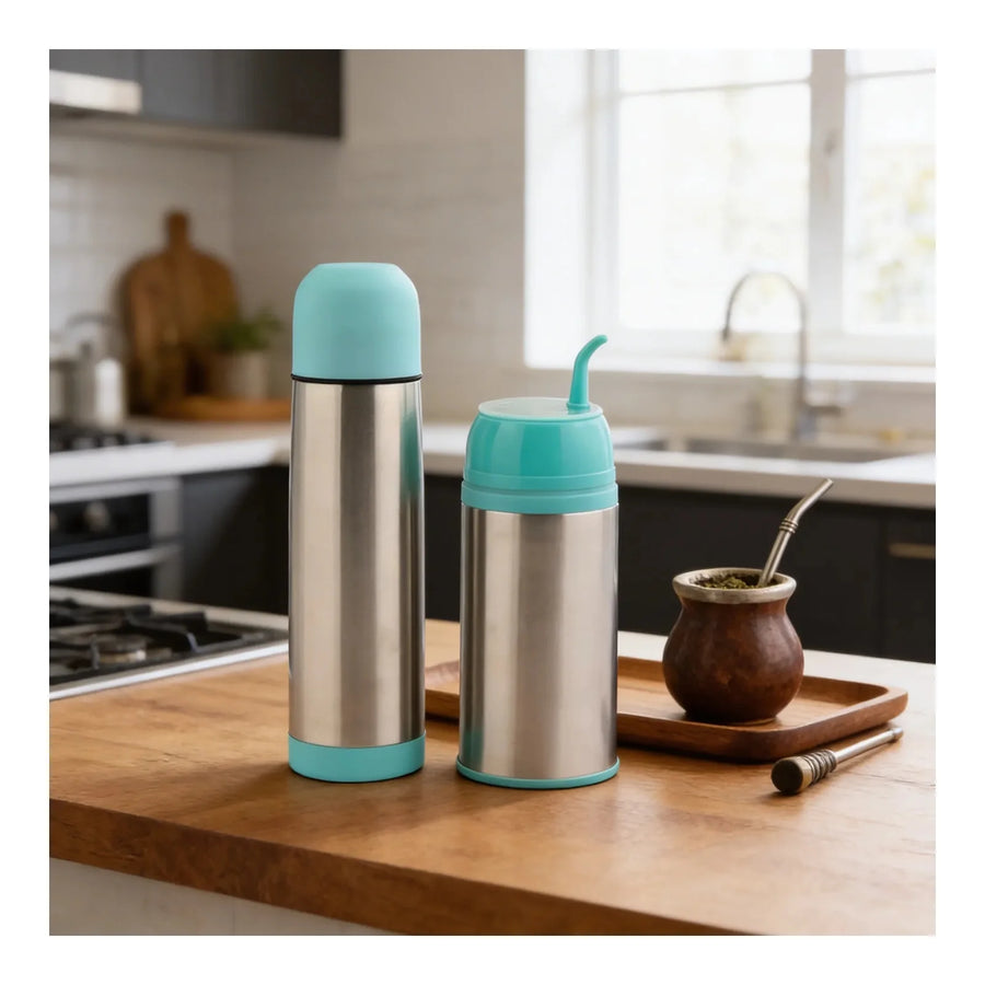 Set Matero Keep 400 ml + Termo Bala 500 ml Celeste + Grabado Personalizado