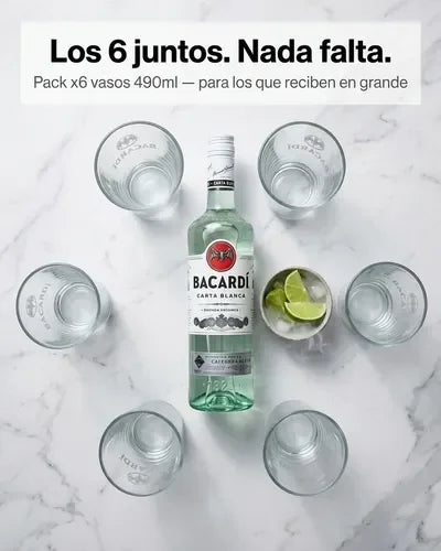 Vasos Ron Bacardi 490ml Pack X6 Roncola Grabado