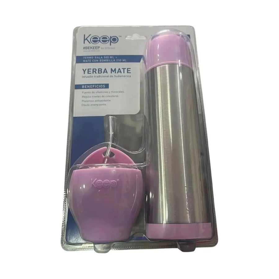 Set Mate Keep 230 ml con Bombilla + Termo Bala 500 ml Rosa Claro + Grabado