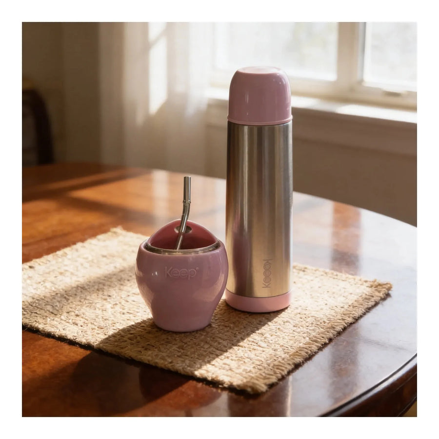 Set Mate Keep 230 ml con Bombilla + Termo Bala 500 ml Rosa Claro + Grabado
