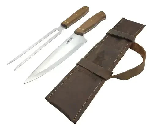 Set Parrillero Cuchillo Pincho Con Funda De Cuero Premium Maleta-sin-grabado