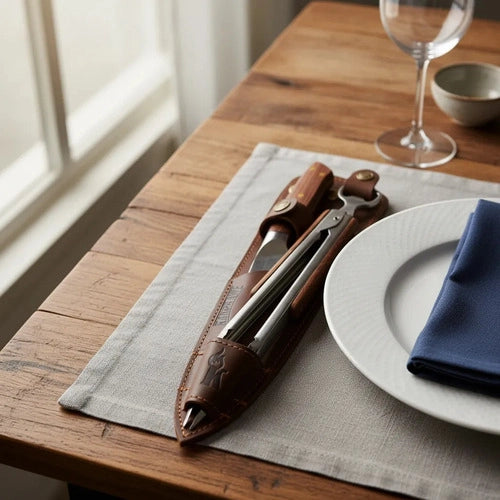 Set Cuchillo Catemu Tenaza Con Funda De Cuero Café + Grabado Marrón