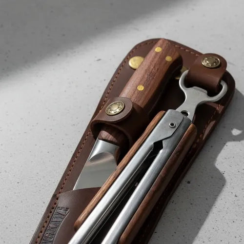 Set Cuchillo Catemu Tenaza Con Funda De Cuero Café + Grabado Marrón