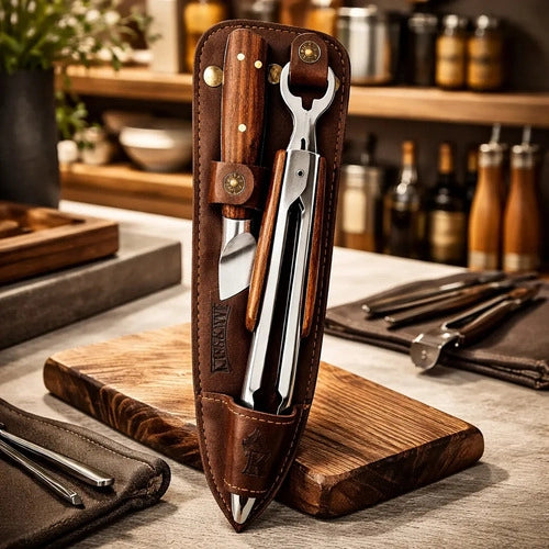 Set Cuchillo Catemu Tenaza Con Funda De Cuero Café + Grabado Marrón