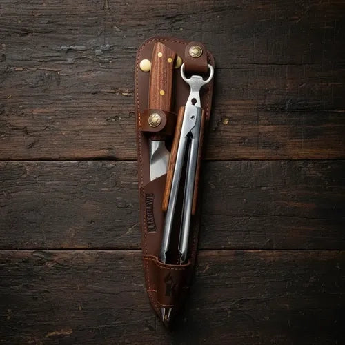 Set Cuchillo Catemu Tenaza Con Funda De Cuero Café + Grabado Marrón