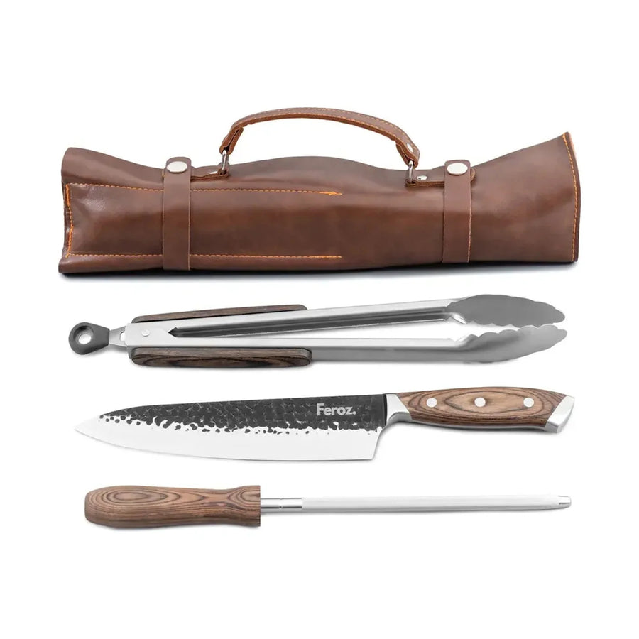 Set Parrillero Feroz: Cuchillo, Tenaza y Chaira con Porta Cuchillos + Grabado