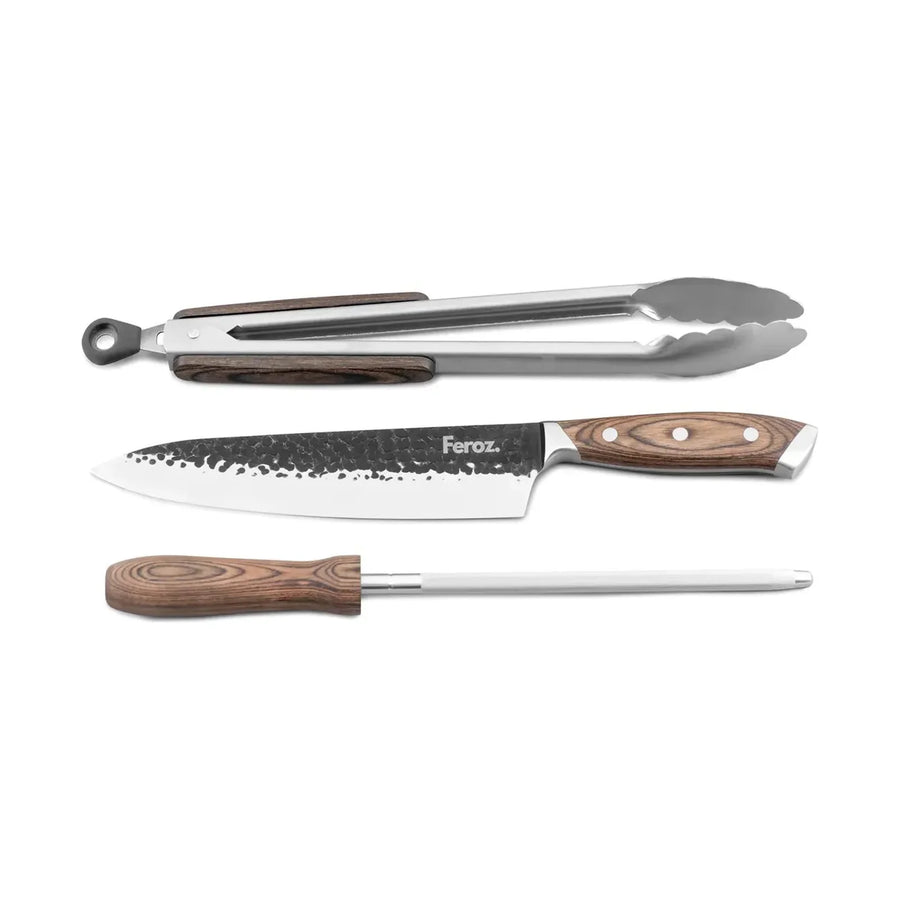 Set Parrillero Feroz: Cuchillo, Tenaza y Chaira con Porta Cuchillos + Grabado